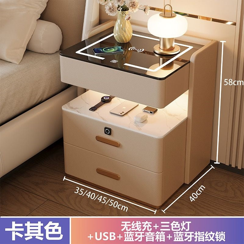 Solid wood smart light luxury bedside table - modern, high-end, home bedroom, minimalist, multifunctional, wireless charging & storage