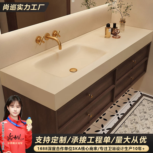 [Customized] Medieval style rock slab hot bending seamless integrated bath bone line solid wood bathroom bathroom cabinet bath group