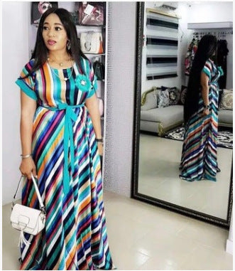 supply   colorful striped belt * floral chest african plus size women's dress