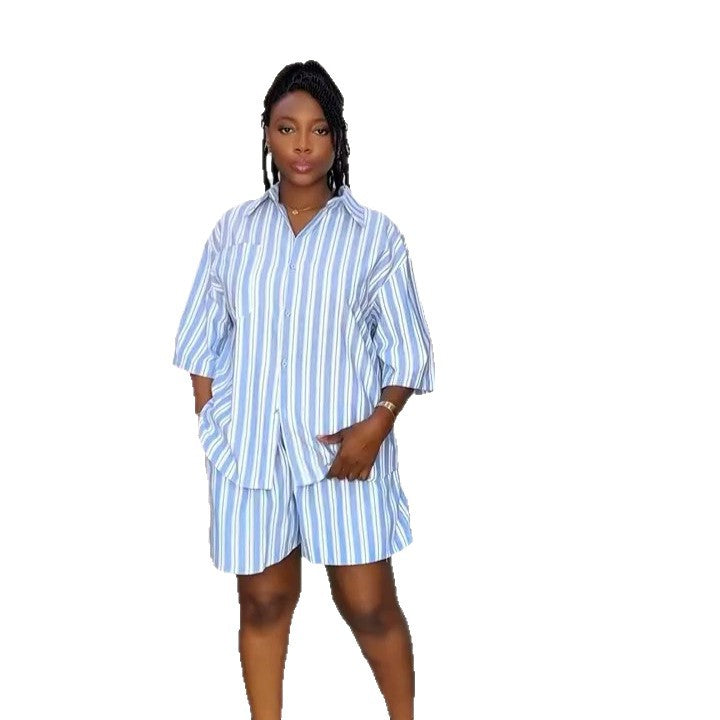 European and american cross-border women's fashion:  summer new arrivals - stylish casual loose tie-waist striped shirt and wide-leg shorts set