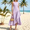 fashion summer vacation style women's new silk mesh patchwork sleeveless straight neck waist longdress