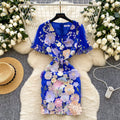 High-end women's summer dress - french vintage v-neck lantern sleeve, heavily embroidered mesh, cinched waist, puff sleeve dress