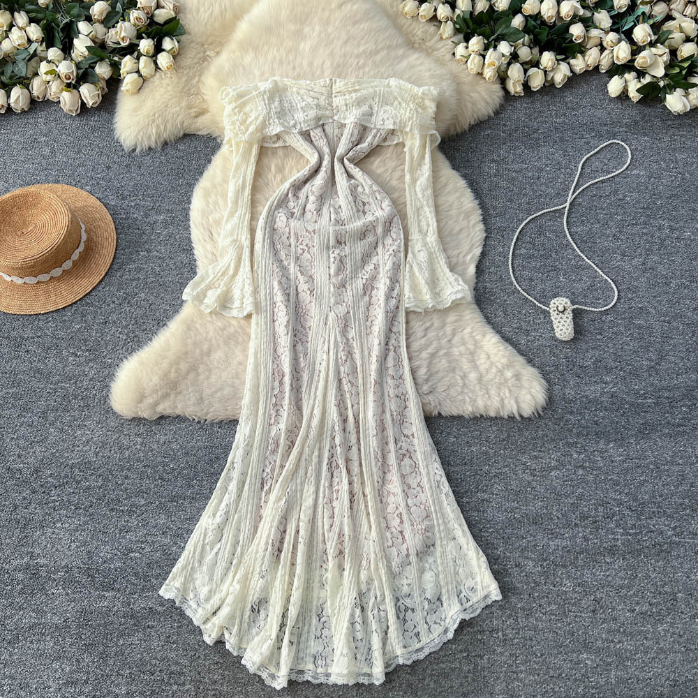 French one-shoulder lace cutout tie-up dress - women's slim fit, high-end goddess style, commute-ready elegant dress