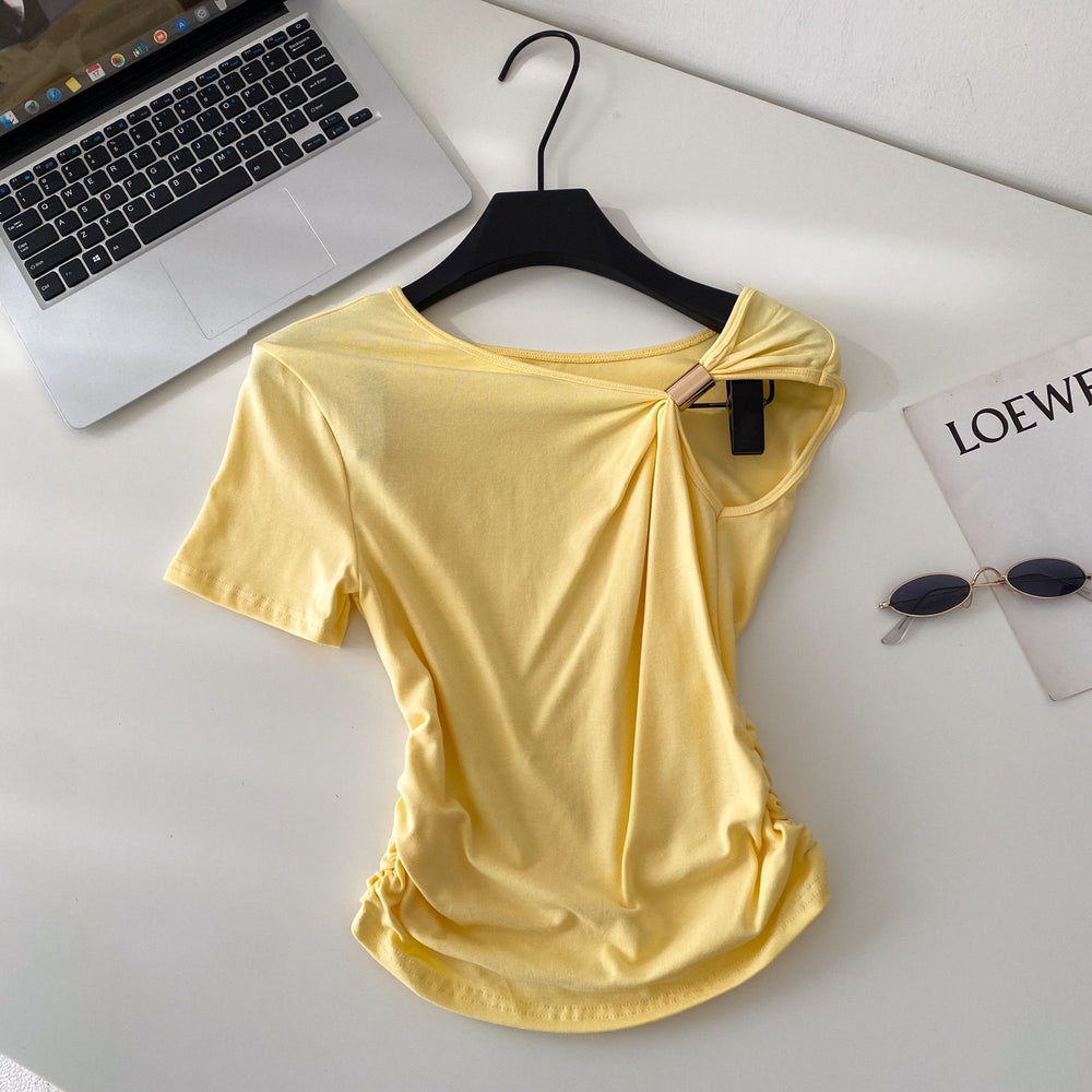 Korean style commute chic one-shoulder twist knot minimalist short sleeve t-shirt - women's summer loose fit, slimming design with ruched detail