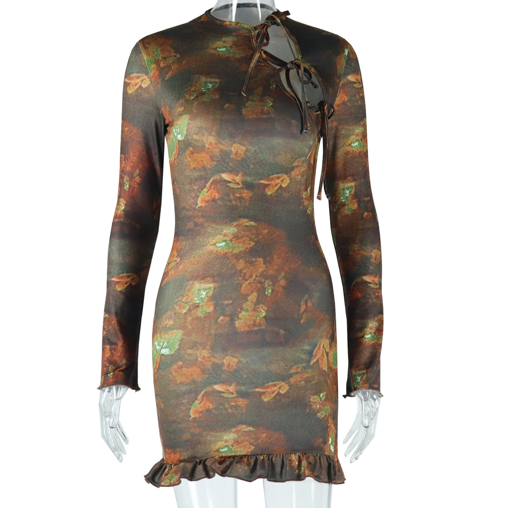 European and american style ins fashion print dress - vintage long sleeve round neck hollow out tie-up streetwear bodycon dress for women