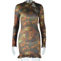 European and american style ins fashion print dress - vintage long sleeve round neck hollow out tie-up streetwear bodycon dress for women