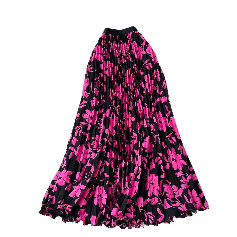 French chic printed high-waisted slimming a-line pleated midi skirt - perfect for vacation or work