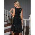 Women's black silver knitting round neck sleeveless mid-longdress, party fashion women's dress