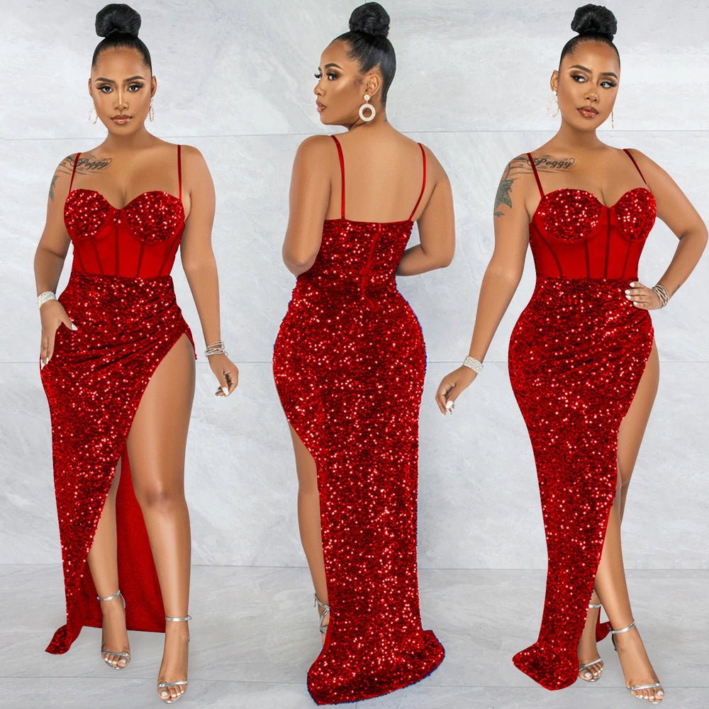 X5843   fashion fashion sling beads mesh see-through irregular slit dress for women