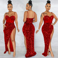 X5843   fashion fashion sling beads mesh see-through irregular slit dress for women