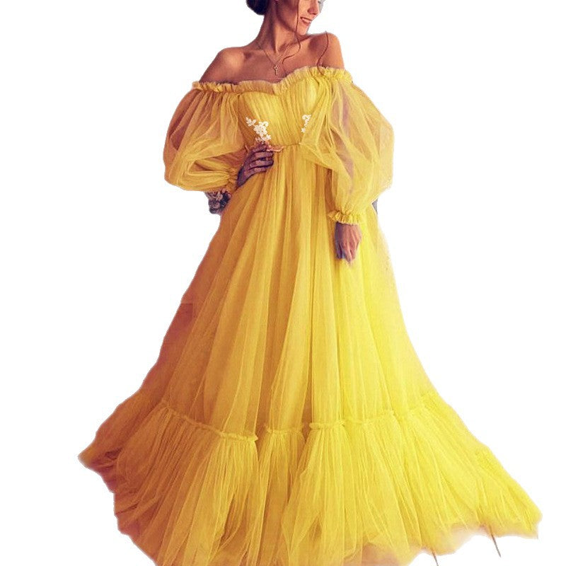 2025 new european and american style women's fashion wish one-shoulder mesh long wedding dress gown with full skirt