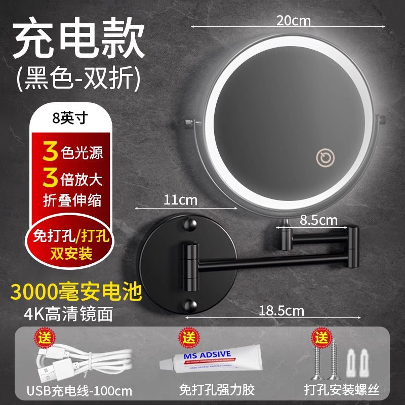Toilet mirror folding non-punching hotel bathroom cosmetic mirror wall hanging telescopic double-sided LED beauty mirror with lamp