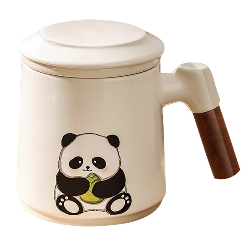 Panda tea infuser mug - ceramic tea cup with wooden handle and lid, keeps your hands cool, perfect for office use