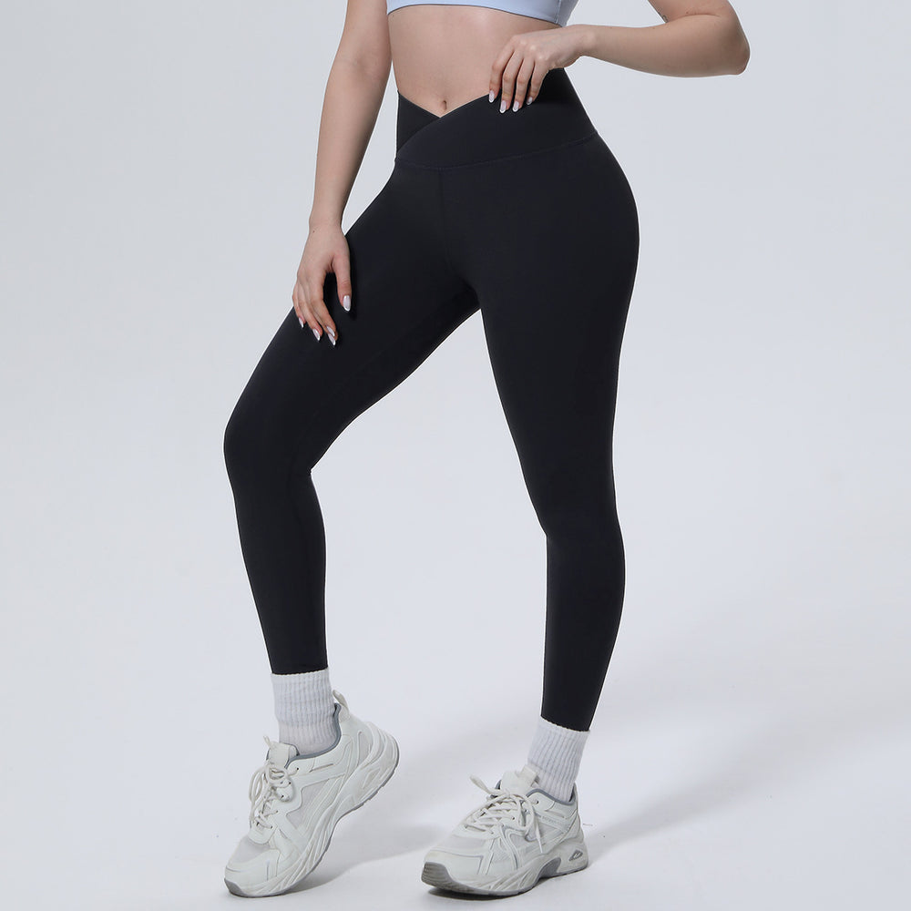 New arrival cross-border fashionpure color double-sided nylon seamless cross-waist tight yoga pants sports running fitness yoga