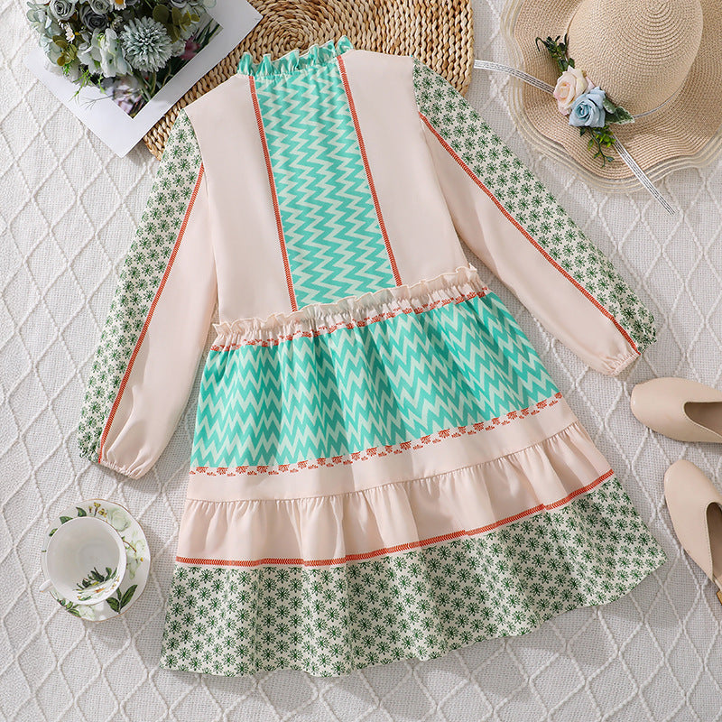 girls' dress  autumn  new arrival: pastoral style color block print long sleeve flared shirt dress