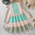 girls' dress  autumn  new arrival: pastoral style color block print long sleeve flared shirt dress