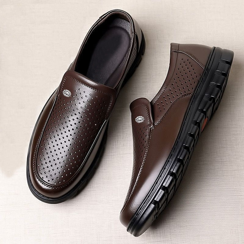 Men's summer hollow-out breathable leather shoes, soft leather sandals, casual soft sole anti-slip elderly shoes