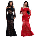 C7620 cross-border   fashion women's sexy off-the-shoulder lace bodycon dress