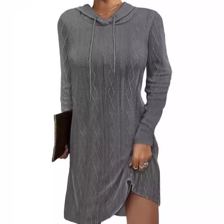 European and American   independent station 2024 solid color long-sleeved hooded pullover knitted dress women