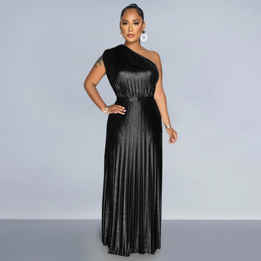 C7506 cross-border   fashion women's elegant gold foil one-shoulder sleeveless solid color dress