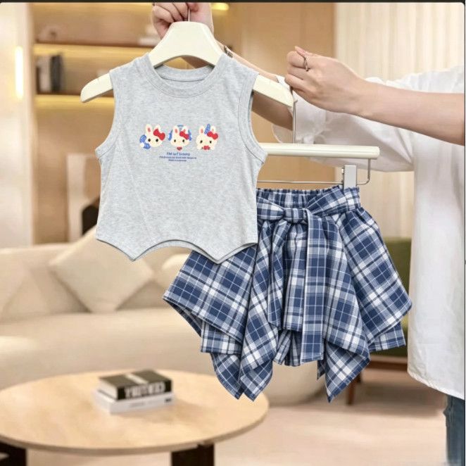 【dropshipping】summer  tank top set - sleeveless new girls' summer outfit with stylish printed cartoon mini skirt