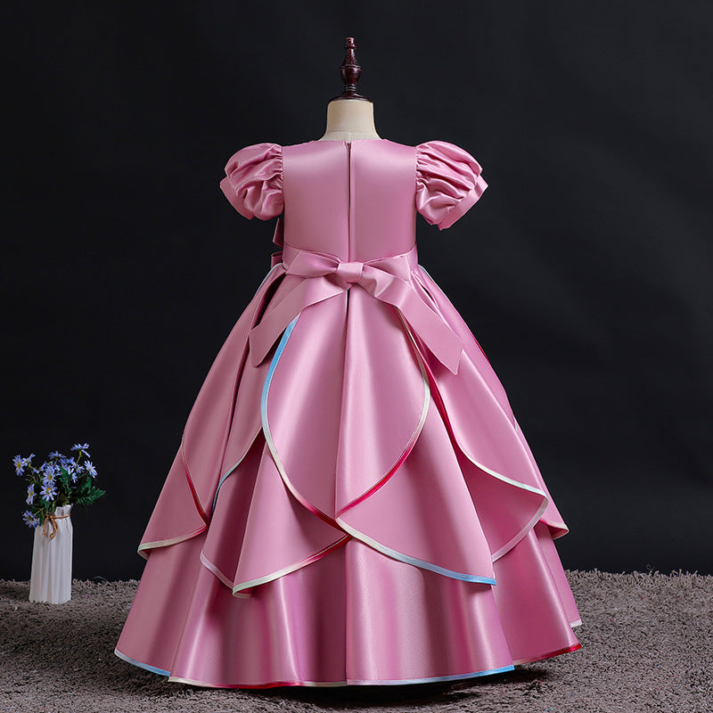 Export kids dress satin rainbow edge princess dress girl puff sleeve high-end birthday piano performance dress