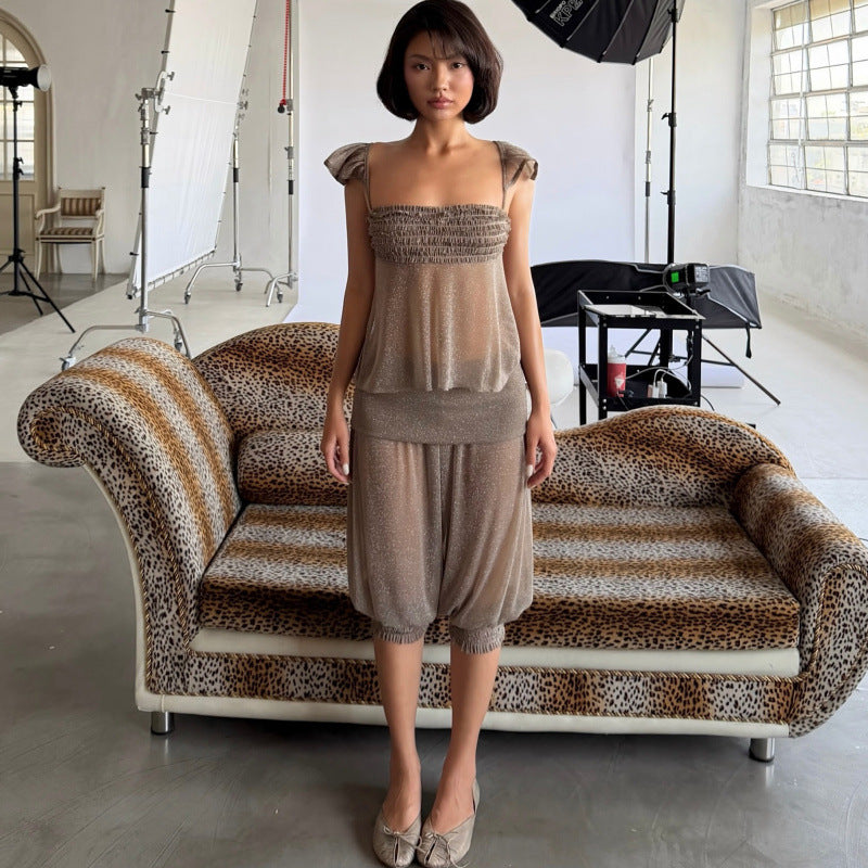 european and american women's clothing  summer new french chic flutter sleeve see-through top and high-waisted lantern pants set