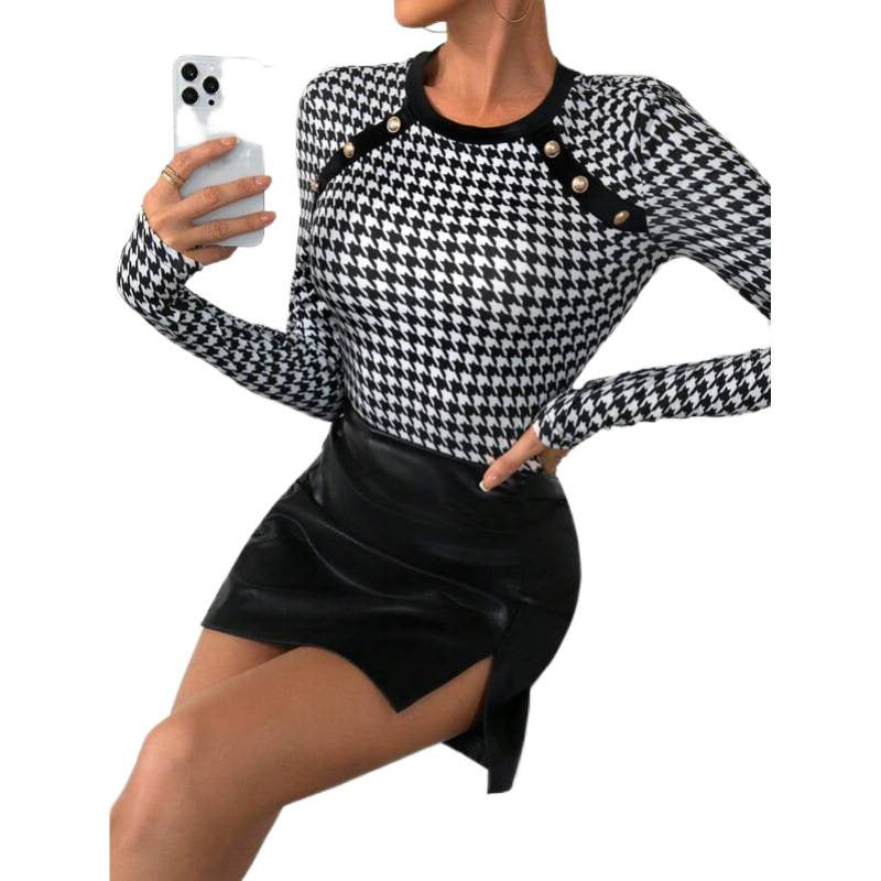 Women's houndstooth print long sleeve slim fit top with button detail - perfect for parties and nightclubs