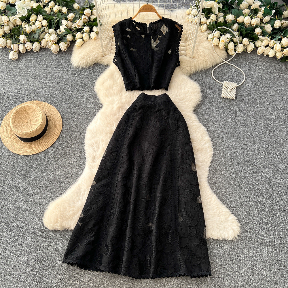 French style autumn outfit: elegant, high-end hollow-out lace embroidered sleeveless cropped top and high-waisted midi skirt set