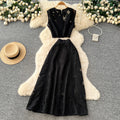 French style autumn outfit: elegant, high-end hollow-out lace embroidered sleeveless cropped top and high-waisted midi skirt set