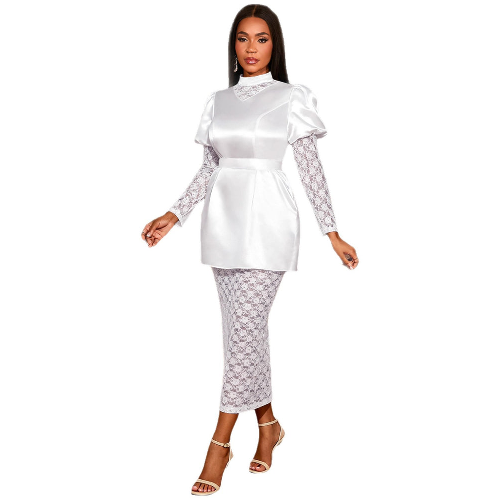 satinlacepatchwork high collar puff sleeve dress tie back waist slimming look party evening dress dress