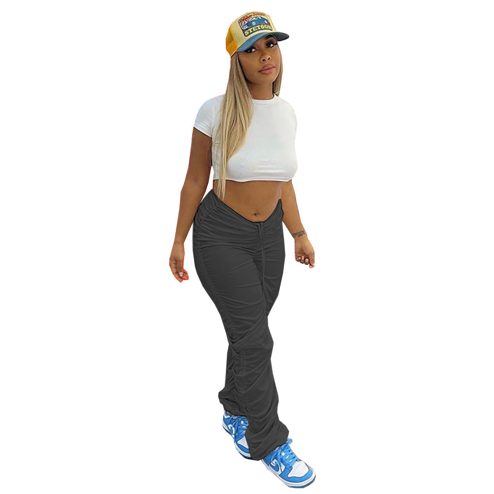 Fashion cross-border   new arrivalpure color elastic fabric pleated drawstring micro-flared sports casual pants