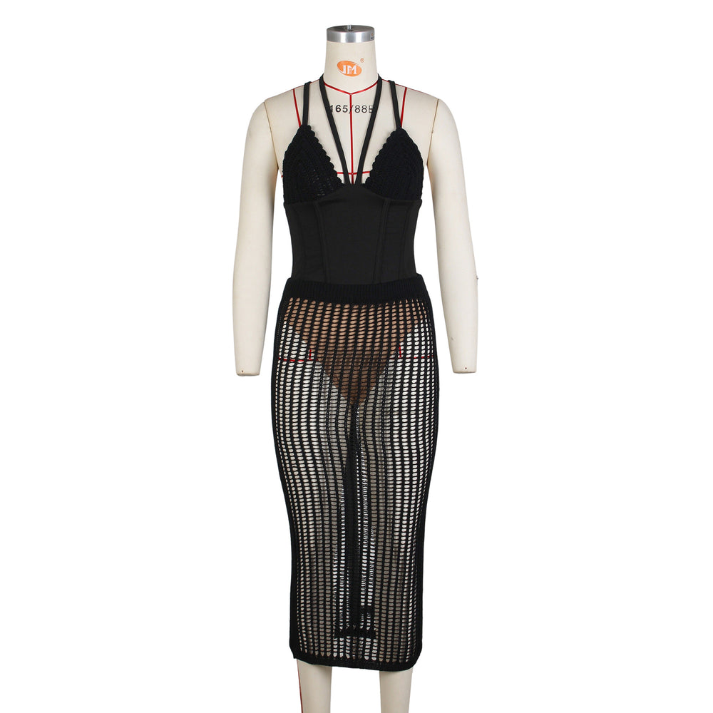 summer new arrivals: european and american style women's fashion - sexy spaghetti strap backless bodysuit top with hollow-out knit skirt set