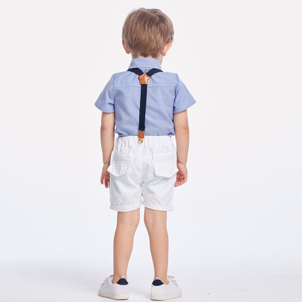 Korean style boys' short-sleeve shirt & overalls set with bow tie - gentleman's outfit for baby's first birthday