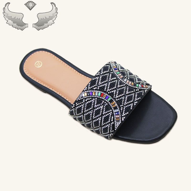 Factory ladies slippers批发夏季时尚水钻平底防滑凉拖工艺鞋女