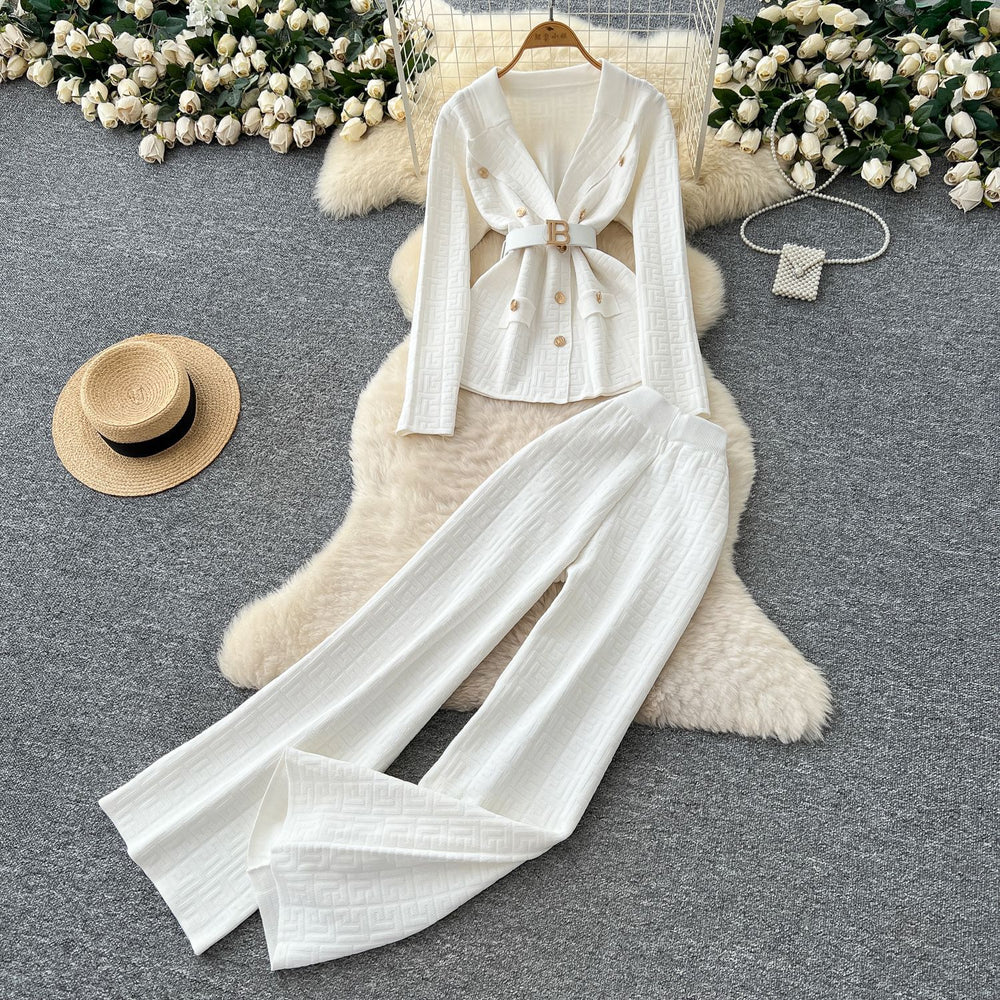 European chic: elegant and high-end strappy waist blazer-style knit top with high-waisted wide-leg pants