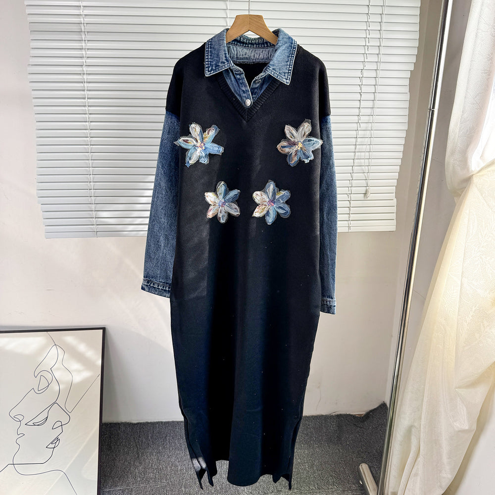 2025 fall/winter new arrival: denim patchwork knit faux two-piece collared dress with floral beaded embellishments - women's maxi dress
