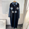 2025 fall/winter new arrival: denim patchwork knit faux two-piece collared dress with floral beaded embellishments - women's maxi dress