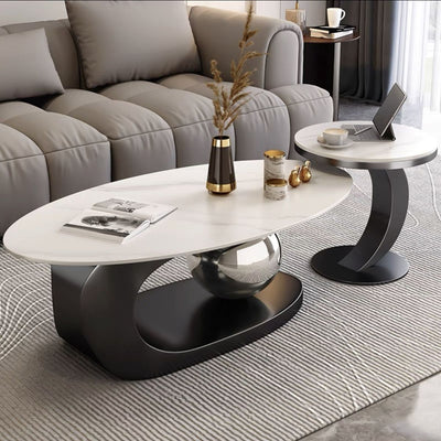 Sintered stone coffee table - italian light luxury living room home decor - oval modern small apartment black and white high-end design coffee table set