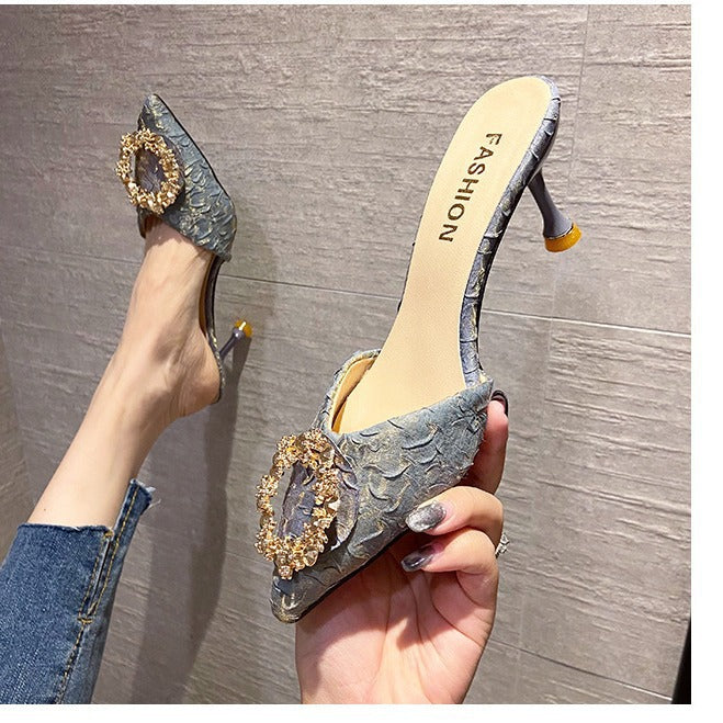 Women's summer outdoor slippers, 2023 new french style rhinestone high heel mules, stiletto heel closed-toe sandals, black