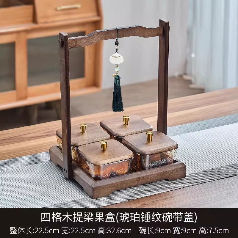 Chinoiserie walnut color dried fruit plate for home divided grids four-square grid lifting beam wedding new home glass bowl fruit plate fruit plate