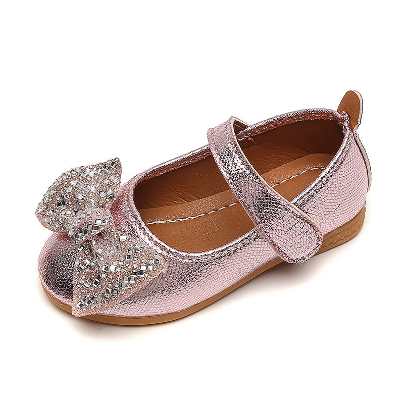 Girls'  spring bowknot soft-soled princess leather shoes - velcro closure, korean style for little princesses (sizes for mid-to-large children)