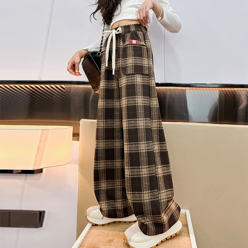spring/autumn new kids' fashion trendy plaid straight-leg wide-leg pants, loose casual trousers for mid-to-large girls