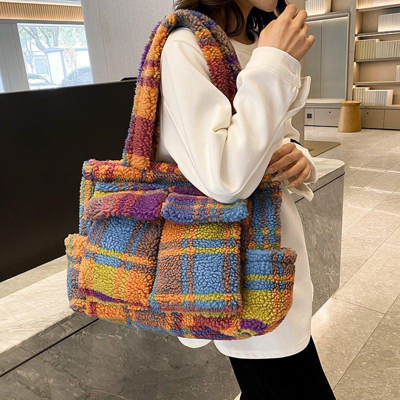 Contrasting color plaid bag women's 2025 autumn and winter new women's bag shoulder bag fashion trend large capacity women's commuter bag