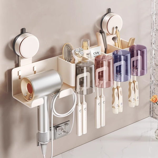 Suction cup, hair dryer holder, non-punching integrated bracket, toilet, toothbrush, shelf, bathroom wall-mounted toothbrush, mouthwash cup.
