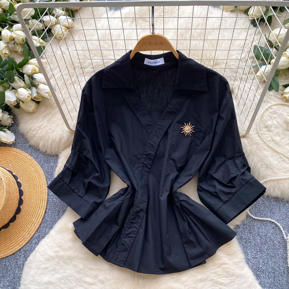 Korean style orange skin-friendly breathable casual fitted shirt - women's summer long sleeve commute style, slimming and figure-flattering top
