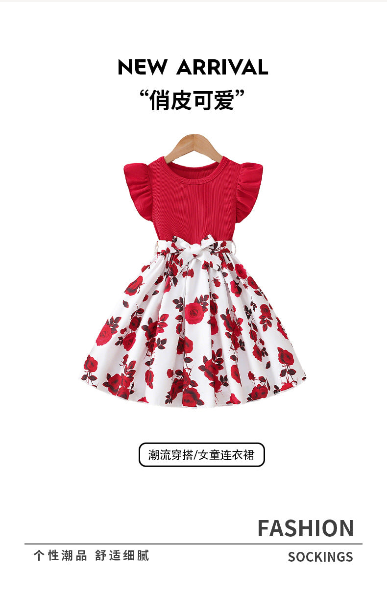 Girls' export dress - red flutter sleeve crew neck patchwork princess dress - rose print summer a-line skirt for children