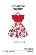 Girls' export dress - red flutter sleeve crew neck patchwork princess dress - rose print summer a-line skirt for children