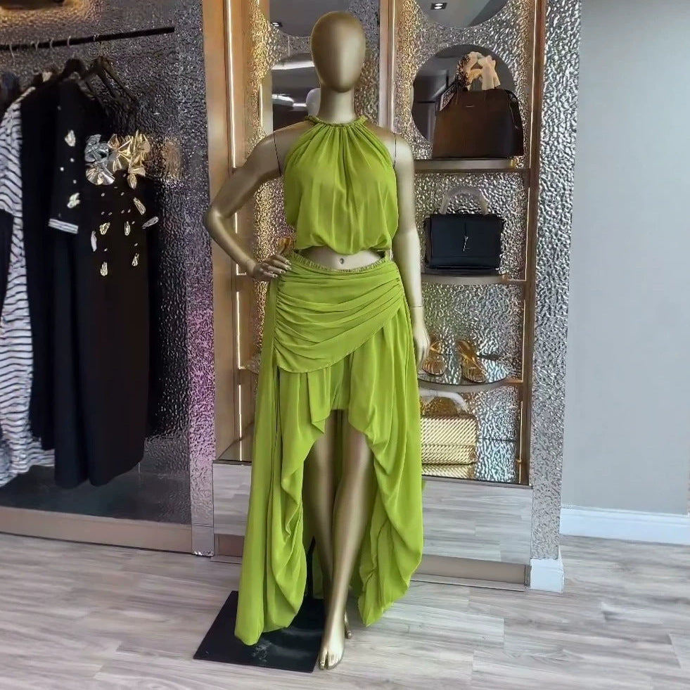 European and american cross-border women's fashion:  summer new arrivals - sexy and elegant halter neck sleeveless top with pleated midi skirt set