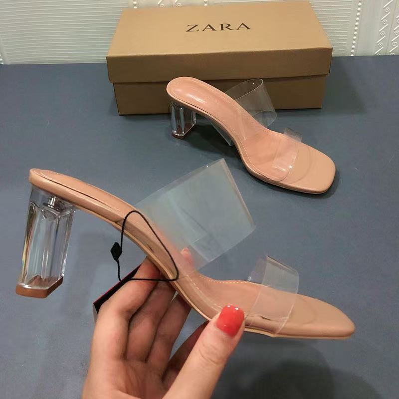 New 2024 square toe crystal heel mule sandals - stylish, versatile, single strap, transparent heel, women's outdoor wear